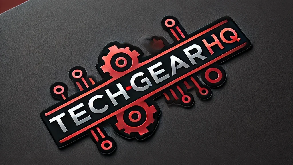 A sleek, modern logo for 'TechGearHQ' featuring a bold, minimalistic font with deep red and black accents. The design includes subtle gear and circuit elements, giving it a tech-inspired yet understated look. The background is dark with a soft glowing effect, creating a professional and futuristic aesthetic.